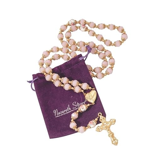 Nazareth Store Catholic Blue Crystal Beads Gold Rosary Flowers Beaded Necklace Miraculous Heart Locket Medal & Cross Religious Women Men Amulet thumbnail 5