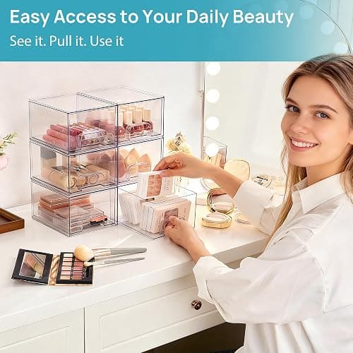 Vtopmart 4 Pack Clear Makeup Organiser, Acrylic Small Stackable Storage Drawers, Plastic Storage Box For Vanity, Bathroom, Under Sink, Kitchen Cupboard, Pantry, Home Organization | Plastic, Suitable for Bathroom, Kitchen and Under Sink for Cosmetics and Snacks, with Non-Slip Mat thumbnail 5