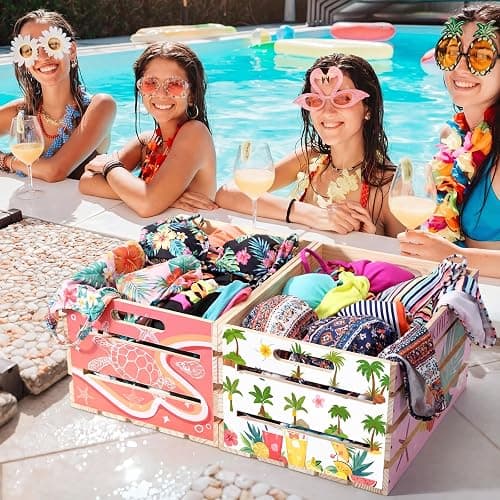 Novabright 2 Pack Large Bikini Box 16x12x9.5in Wooden Crate Box for Swimwear Storage Stackable Bikini Organizer Crate DIY Assembly Summer Pool Party Storage Bin (Tropical,Pink) thumbnail 7