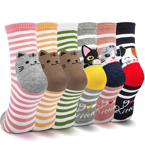 5-6 Pairs Women's Cute Cat Socks Gifts, Funny Novelty Animal Print Crew Cotton Socks Christmas Gifts for Women Girls - Image 1