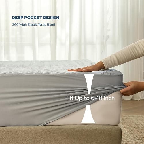 BEDLORE Waterproof Mattress Protector, Queen Size Mattress Pad with Deep Pocket 6"-18" Depth, Soft Dirt-Proof Double Bed Mattress Cover for Bedroom, College Dorm, Hotel (Light Gray) thumbnail 4