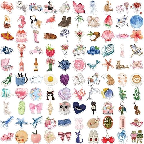 Lot de 100 autocollants esthétiques aquarelle, autocollants en vinyle, mignons et girly, pour bagages, scrapbooking, skateboard, guitare, bouteille d'eau, cadeau pour adolescentes, enfants et filles. thumbnail 5