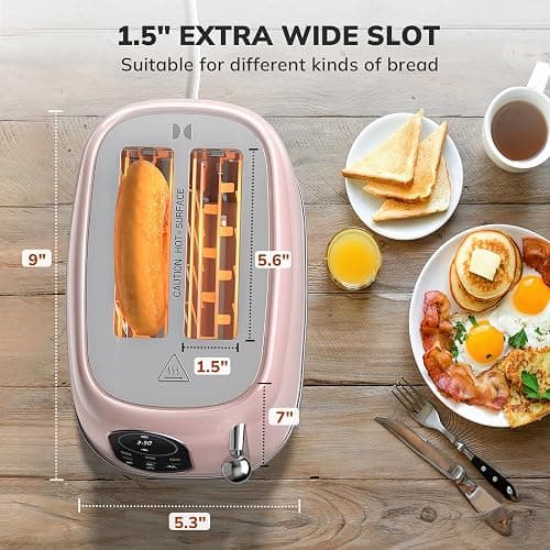 Keenstone Smart Touch Screen Toaster 2 Slice, Retro Wide Slot Stainless Steel Toaster with 6 Browning Levels, Reheat & Defrost, for Bagel, Toast, Bread, Removable Crumb Tray, Pink thumbnail 3