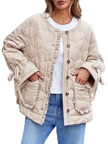 Tankaneo Womens Cropped Quilted Puffer Jackets Lightweight Plaid Button Down Bow Padded Down Coat - Image 1