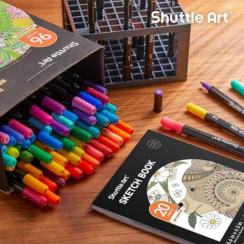 Shuttle Art Dual Tip Brush Pens, 96 Colours Fine and Brush Tip Markers Set with Pen Holder & 1 Colouring Book, Felt Tip Colouring Pens for Adults and Children Colouring Calligraphy Journal Doodling thumbnail 7