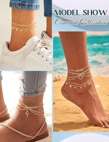 ORAZIO 26Pcs Toe Rings and Ankle Bracelets for Women Silver Gold Plated Anklet Toe Rings Cute Layered Anklets Open Tail Rings Adjustable Beach Foot Jewelry for Summer thumbnail 5