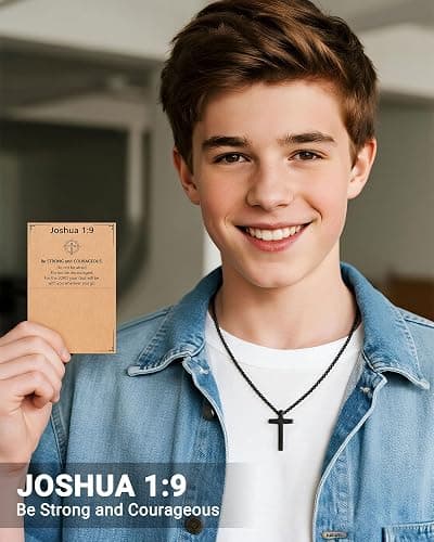 UNGENT THEM Be Strong in Faith – Bible Verse Stainless Steel Cross Necklace for Men Teen Boys Christian Christmas Gifts thumbnail 4