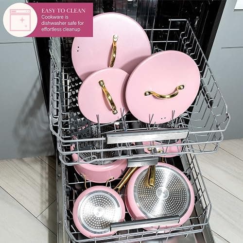 Paris Hilton Iconic Nonstick Pots and Pans Set, Multi-layer Nonstick Coating, Matching Lids With Gold Handles, Made without PFOA, Dishwasher Safe Cookware Set, 10-Piece, Pink thumbnail 7
