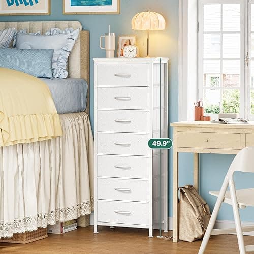 Huuger Tall Dresser for Bedroom, 7 Drawer Dresser & Chests of Drawers, Fabric Drawer for Closet, Bedroom, Night Stand, Metal Frame, Storage Tower with Fabric Bins, White thumbnail 3