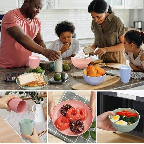 Wheat Straw Dinnerware Sets for 4, Wheat Straw Plates and Bowls Sets Kitchen Dishes 28pcs College Dorm Room Essentials Cutlery Set Microwave Safe (Colorful) thumbnail 4