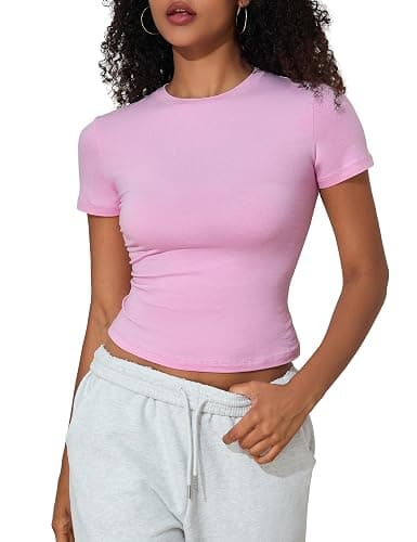 PrettyGuide Women's Crew Neck Short Sleeve Summer Basic Tee Tight Fit Cotton Jersey T Shirt Y2K Going Out Tops - 6-8 - Candy Pink thumbnail 8