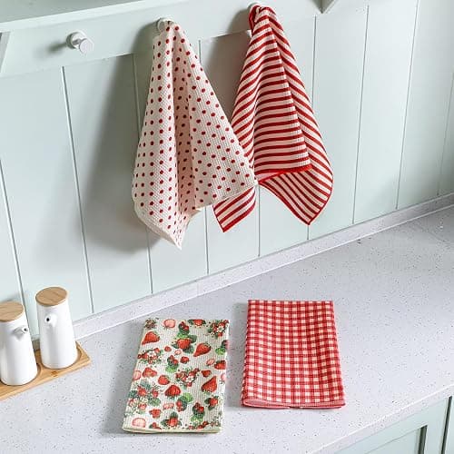 VitalCozy 4 Pcs Strawberry Waffle Kitchen Towel Red Fruit Dish Towels | Kitchen Vintage Cloth, 18 x 28 Inch, Highly Absorbent Reusable Hand Tea Towel, Farmhouse Cooking Baking Cleaning Wipe Decor thumbnail 6