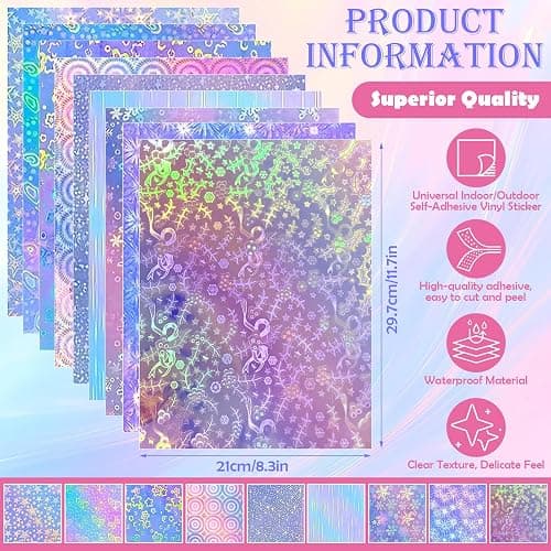 STARVAST 90PCS Holographic Sticker Paper, Transparent A4 Vinyl Holographic Sticker, Self Adhesive Waterproof with 9 Different Patterns thumbnail 3