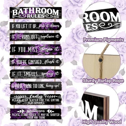 PEKCARGO Bathroom Wall Decor Funny Bathroom Signs Bathroom Rules Pictures Wall Art Decor Rustic Farmhouse Toilet Decor Wooden Sign (Purple Rose) thumbnail 4