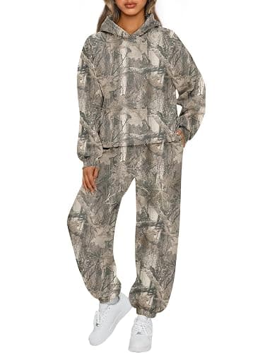 ACCPUR 2 Piece Camo Sweatsuits for Women Oversized Maple Leaf Hoodies Sets Graphic Sweatshirts Tracksuits Fleece Fall Outfits - Image 1