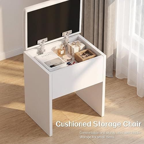 Haewon Vanity Desk Set with Lighted Mirror and Chair, White | Makeup Table with 3 Color Lighting Modes, Charging Station, Storage Cabinet and Drawers for Bedroom thumbnail 7