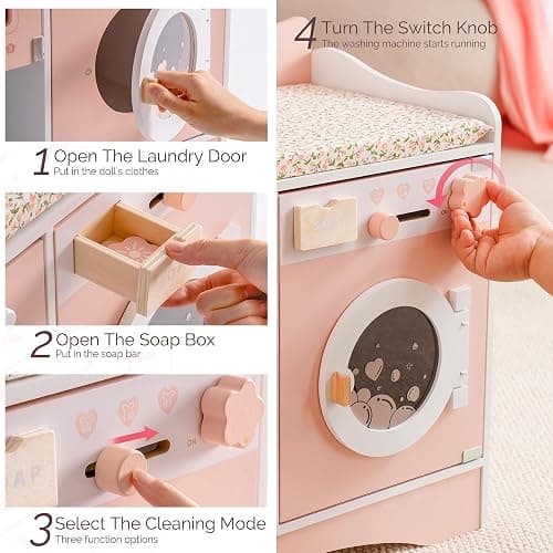 ROBOTIME Wooden 6-in-1 Baby Doll Changing Table with Baby Doll Crib, Washing Machine, Bottle Sterilizer, Storage Area, and Doll Seat, Ideal Role-Playing Toy for Kids 3+, Fits Dolls Up to 20 in, Pink thumbnail 7