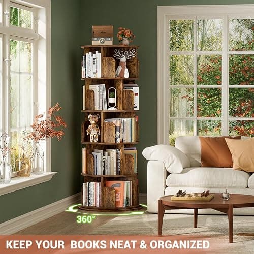 Besiost Rotating Bookshelf Tower, 5 Tier Spinning Bookcase, Revolving 360 Book Shelf Narrow Tall Bookcase, Vertical Turning Round Bookshelf Organizer, Corner Book Shelf for Small Space, Rustic Brown thumbnail 5