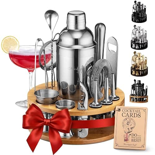 Mixology & Craft Bartender Kit – 15 Piece Cocktail Shaker Set with Bamboo Stand | Complete Cocktail Kit Gift Set | Top Bartender Gifts for Men & Women | Exclusive Recipe Cards (Silver) - Image 1