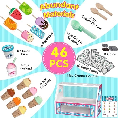 Ice Cream Toys, Wooden Ice Cream Play Set, Pretend Play Toys, 46 Pcs Wooden Play Kitchen Accessories with Menu & Scoop & Menu & Fake Money, Ice Cream Toys for Toddlers 3 4 5 6 Girls Boys Birthday thumbnail 3