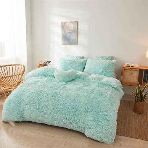 FOPPA Green Comforter Cover Set - Ultra Soft Plush Bedding Set (1 Faux Fur Duvet Cover + 2 Faux Fur Pillow Cases) Mint Green, Queen thumbnail 2