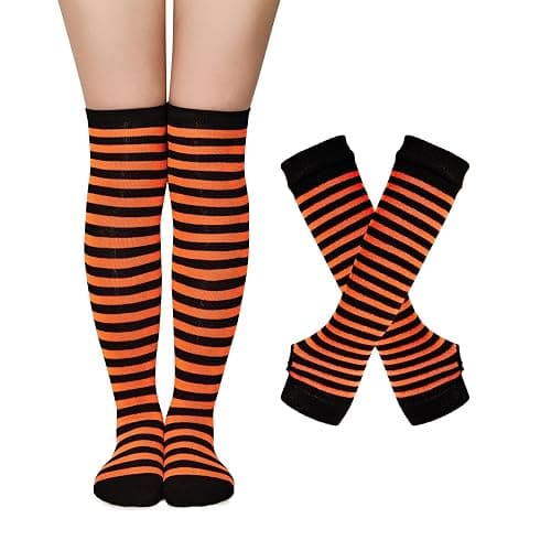 Zando Halloween Striped Women Thigh High Socks Fingerless Gloves Arm Warmers Thigh Highs Over the Knee Socks Leg Warmers - Image 1