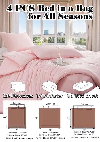 MorroMorn Pink Comforter Set Twin, 4 PCS Bed in a Bag for All Season, Pink Bed Set Cloud Comforters, Fitted Sheets, Pillowcases, Soft for Girls Kids Teen Preppy Dorm (Twin/Twin XL) thumbnail 5
