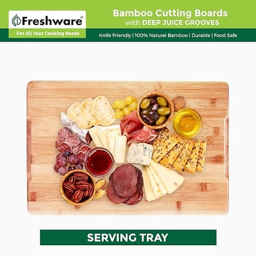 Freshware Wood Cutting Boards for Kitchen - Bamboo Cutting Board Set of 3, Cutting Boards with Juice Grooves, Serving Board Set, Chopping Board for Meat, Veggie, Easy Grip Handle (9x6, 12x8, 15x10) thumbnail 4