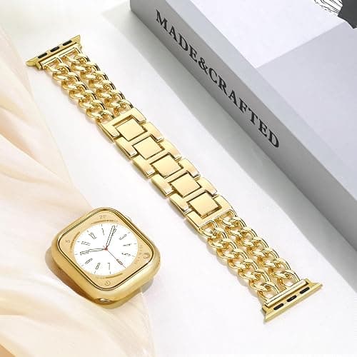 Anaiboho Gold Apple Watch Bands for women men Double Chain iWatch Bands for 44mm 42mm 45mm, Compatible with Apple Watch SE Series 9 8 7 6 5 4 3 2 1(With Case) thumbnail 4