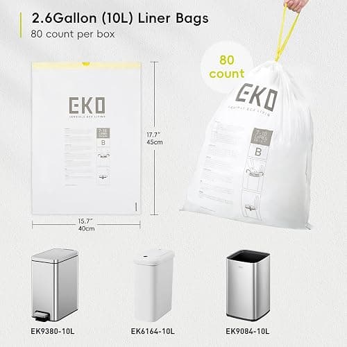 EKO 2.6 Gallon / 7-10 Liter, 80 Count Small Drawstring Trash Bags, Extra-Strong Unscented Garbage Bags, Easy-Dispense Roll for Kitchen & Household Use, Resists Tears, Leaks and Punctures, Code B White thumbnail 2