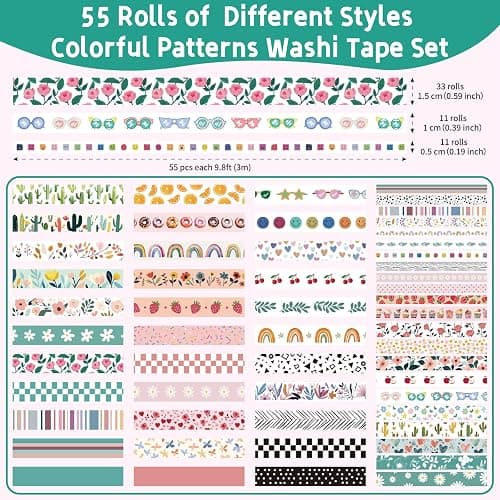 55 Rolls Holiday Washi Tape Set - Decorative Tape Seasonal Bohemian Colored Tape, Cute Washi Tapes for Journaling Supplies, Scrapbooking Supplies kit, Summer Scrapbook Supplies thumbnail 2