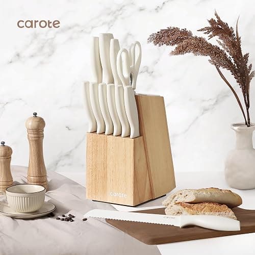 CAROTE 15Piece Knife Set, Kitchen Knife Block Set, Elegant White Ceramic-Coated Blades with Stylish Wooden Block for Modern Culinary Excellence thumbnail 2