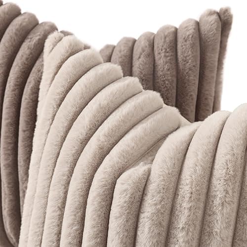 decorUhome Cozy Faux Fur Throw Pillow Covers 12x20 Set of 2 Decorative Soft Plush Striped Lumbar Modern Farmhouse Boho Couch Pillow Cases with Velvet Back for Sofa Bed Living Room, Light Coffee thumbnail 2