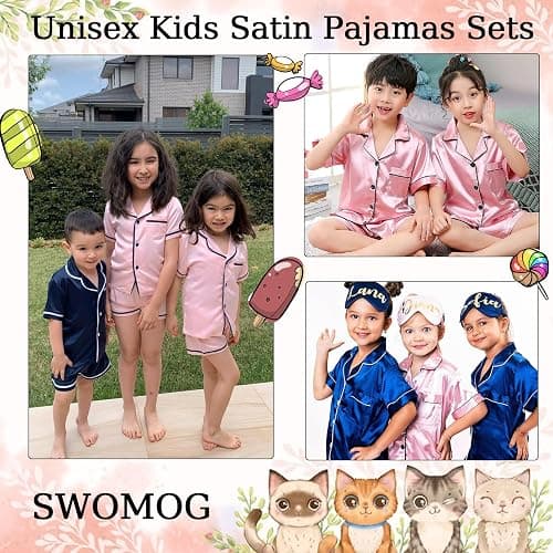 SWOMOG Unisex Kids Satin 2 Piece Pyjamas Sets Short Sleeve Teen Girls Boys Solid Button Down Top and Shorts Age 4-13 thumbnail 4