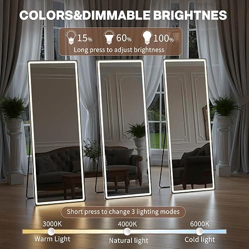 64"x21" Full Length Mirror with LED Lights, Mirrors with Dimming & 3 Color, Full Body Mirrors with Aluminum Alloy Thin Frame for Bedroom, Dressing Room thumbnail 4