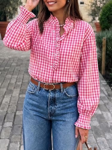 Cicy Bell Womens Plaid Shirts Ruffle Puff Long Sleeve V Neck Gingham Tops | Trendy Casual, Button Down, Work Casual, Checkered Blouses, Loose Fit thumbnail 2
