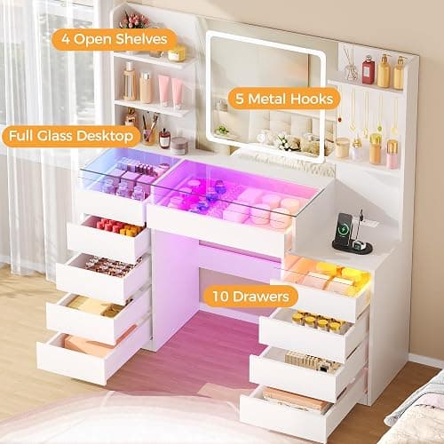 BEWISHOME 49.2" Vanity with Mirror and RGB Lights,Full-View Glass Desktop | White Makeup Vanity Table with 10 RGB Drawers,4 Shelves 5 Hooks and Power Outlet,Dressing Table for Girls Women Bedroom thumbnail 4