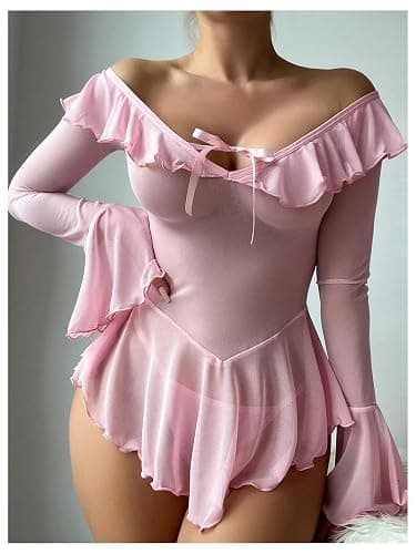 OYOANGLE Women's 2 Piece Off Shoulder Long Sleeve Ruffle Mesh Sheer Nightgowns with Thongs Babydoll Lingerie Set thumbnail 4