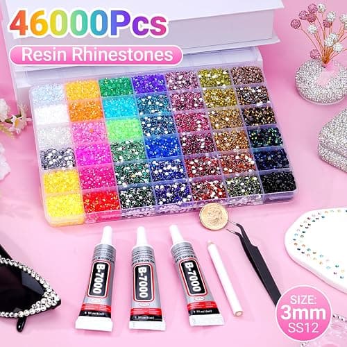 46000Pcs 42 Colors Jelly Rhinestones for Bedazzling, Resin Multicolor 3mm Flatback Gems for Crafting, Bedazzler Kit with 3Pcs 15ml B7000 Jewelry Glue for Crafts Clothes Book Shoes Nail Diamond Art thumbnail 2