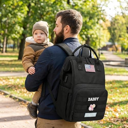 QWREOIA Diaper Bag Backpack for Dad and Mom with USB Charging Port Stroller Straps and Insulated Pocket,army military Travel Nappy Backpack for Daddy/Mommy (Black) thumbnail 7
