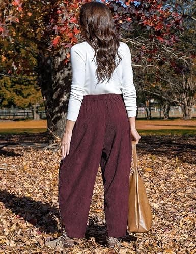 TARSE Womens Corduroy Baggy Harem Pants | Casual Loose Fit Wide Leg Pants, Elastic Waist Baggy Barrel Trousers, Side Pockets, Lounge Soft warm thumbnail 5