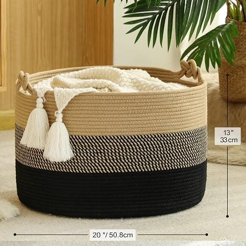 KAKAMAY Large Blanket Basket (20"x13"),Woven Rope Baskets for storage Baby Laundry Hamper, Cotton Rope Blanket Basket for Living Room, Laundry, Nursery, Pillows,Baby Toy chest (Jute/Black) thumbnail 2