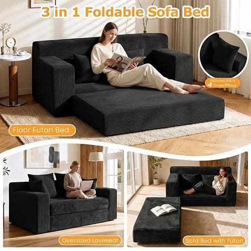 55" Small Boneless Couch, 3-in-1 Boneless Loveseat Sleeper Sofa Bed Convertible Sofa Bed with 4 Pillows, Black Corduroy Boneless Couch for Living Room, Guest Room, Small Space, No Assembly Required thumbnail 3