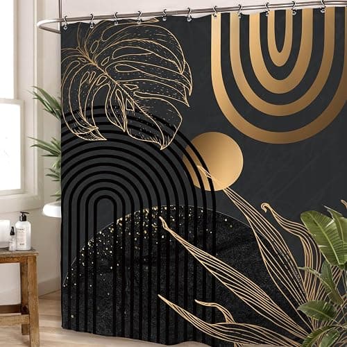 Yookeb Abstract Black Gold Minimalist Bathroom Shower Curtain 60W by 71H Inch Aesthetic Modern Contemporary Leaves Mid Century Neutral 12 Plastic Hooks Waterproof Decor thumbnail 5