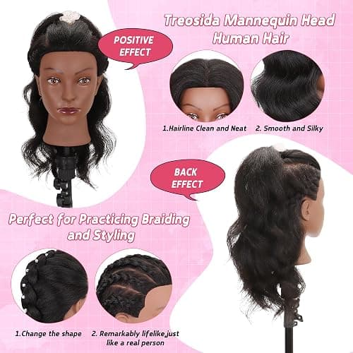 Mannequin Head with 100% Real Human Hair Cosmetology Training Doll Head for Hairdresser Practice Braiding Hair Styling with Clamp Stand (18 Inch) thumbnail 2