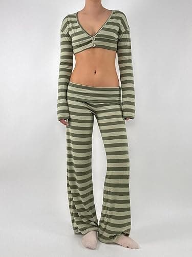 LILTWIST Women Y2k Striped Fold Over Pants Low Rise Yoga Pants Lounge Bottoms Color Block Wide Leg Flare Leggings Sweatpants thumbnail 3