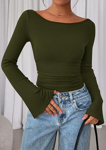 PRETTYGARDEN Women's Long Sleeve Shirts 2025 Fall Crop Going Out Tops Casual Boat Neck Bell Sleeve Ribbed Ruched Y2K Clothes thumbnail 2