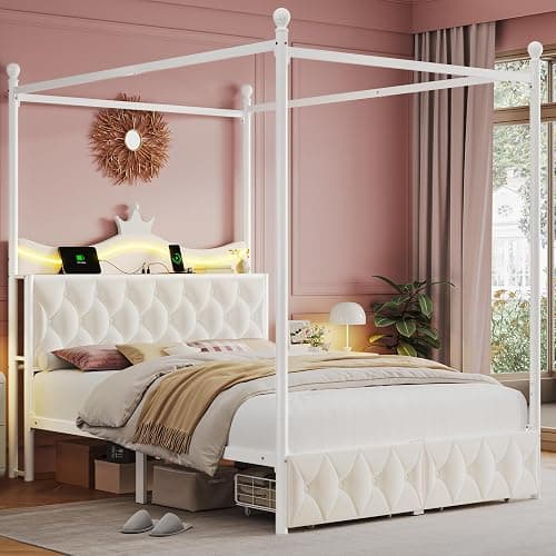 Keyluv Queen Size Upholstered LED Canopy Bed Frame with Charging Station and Drawer, Button Tufted Crown Headboard with Storage Shelf, Two-Purpose Removable Four Poster Design Platform Bed, Beige thumbnail 9