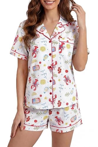 LUBOT 100% Cotton Pajamas for Women 2 Piece PJ Set Button-Down Soft Knit Short Sleeve Summer Sleepwear Loungewear XS-XXL thumbnail 2
