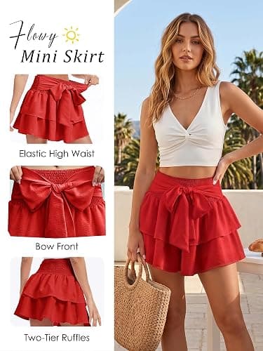 Timormode Womens Summer Ruffle Mini Skirt Boho A-Line Layered Skirts | Flowy Bow Mini Skirt, High Waisted Ruffle Hem Short Skirts, Cute Beach Vacation Skirt, Tiered Tennis Golf Skirts thumbnail 6